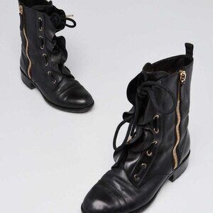 Valentino Black Leather Ruffle Combat Boots Size 5.5/36